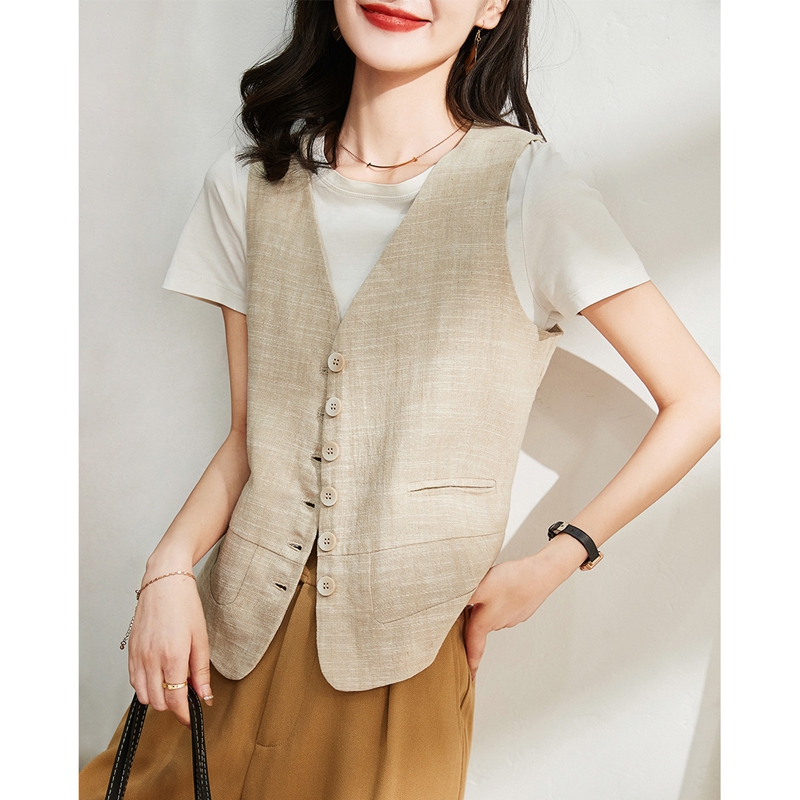 ベスト 上質麻混フロントボタンジレ