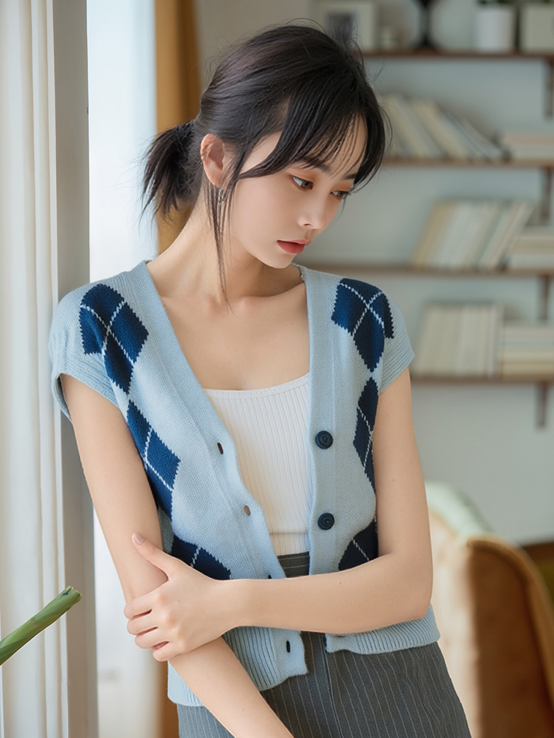 ベスト 菱形模様半袖ニットベスト