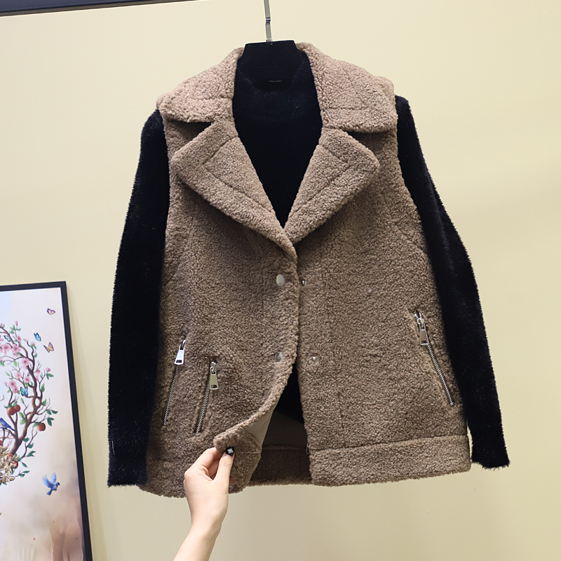 ベスト もこもこボア配色袖付きテーラードベスト