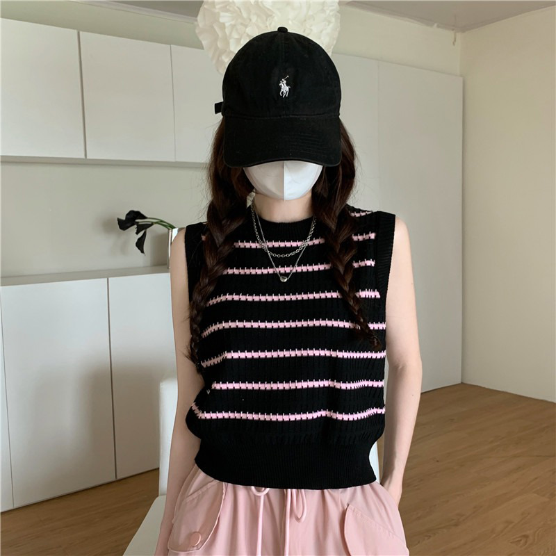 ベスト 凹凸編み横縞ノースリーブベスト