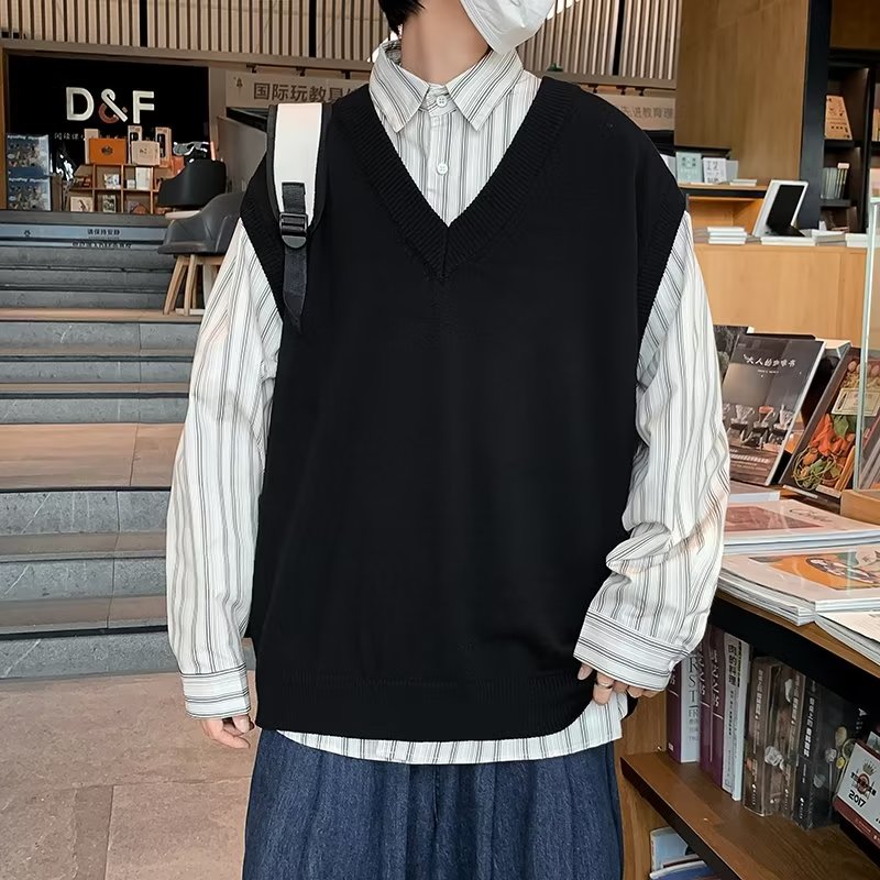 ベスト 重ね着風ゆったりニットベスト