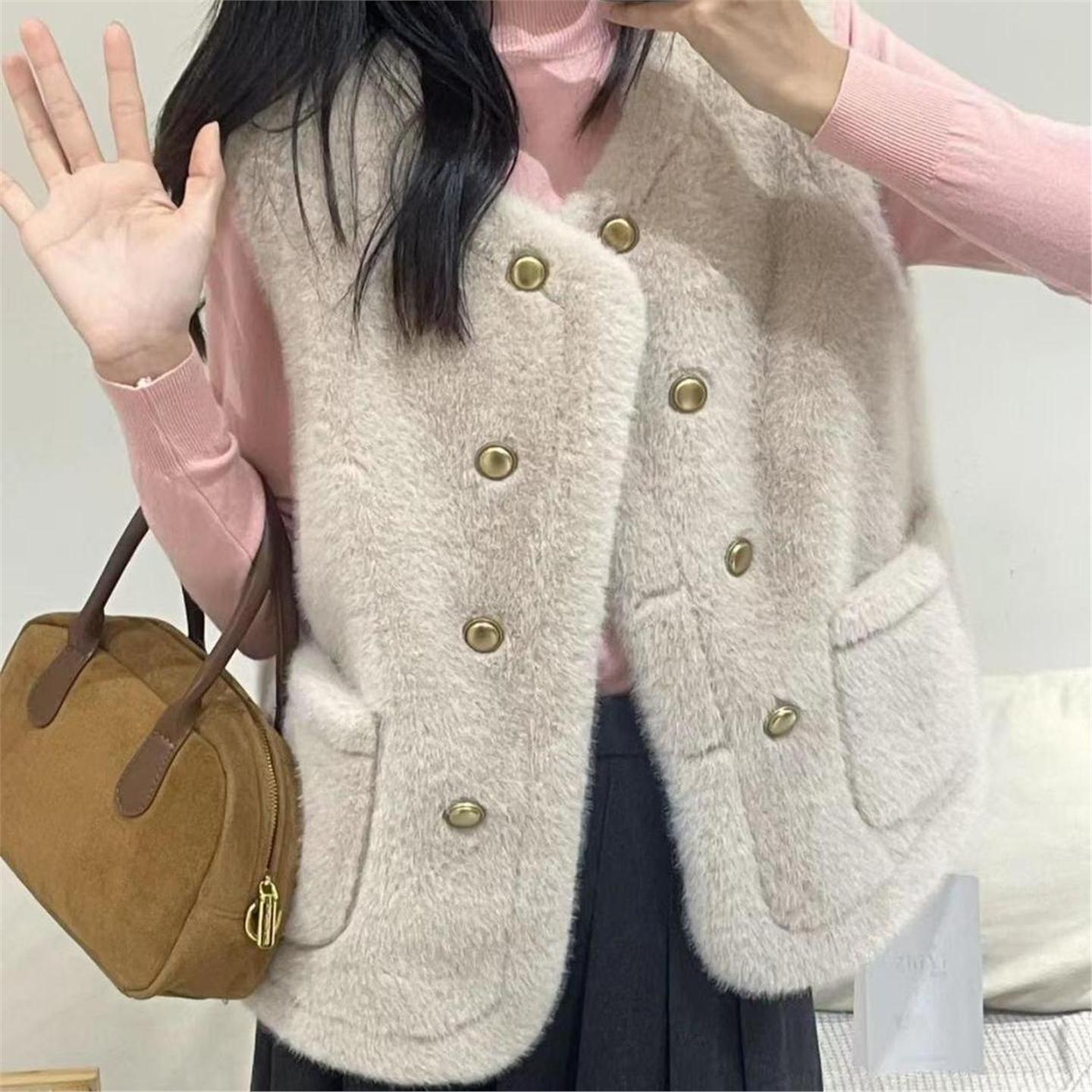 ベスト 上品な毛羽立ち感のダブルボタン付きベスト