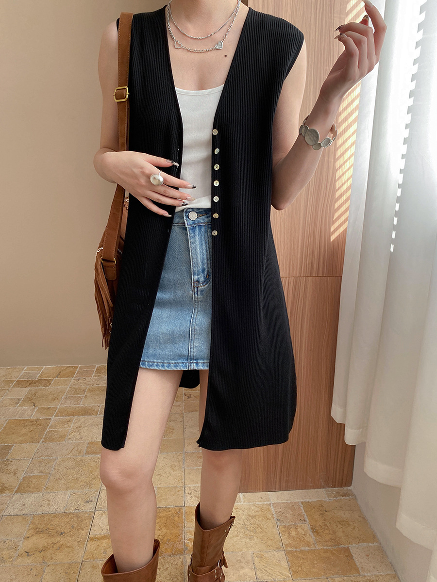 ベスト リブ編みロングベスト
