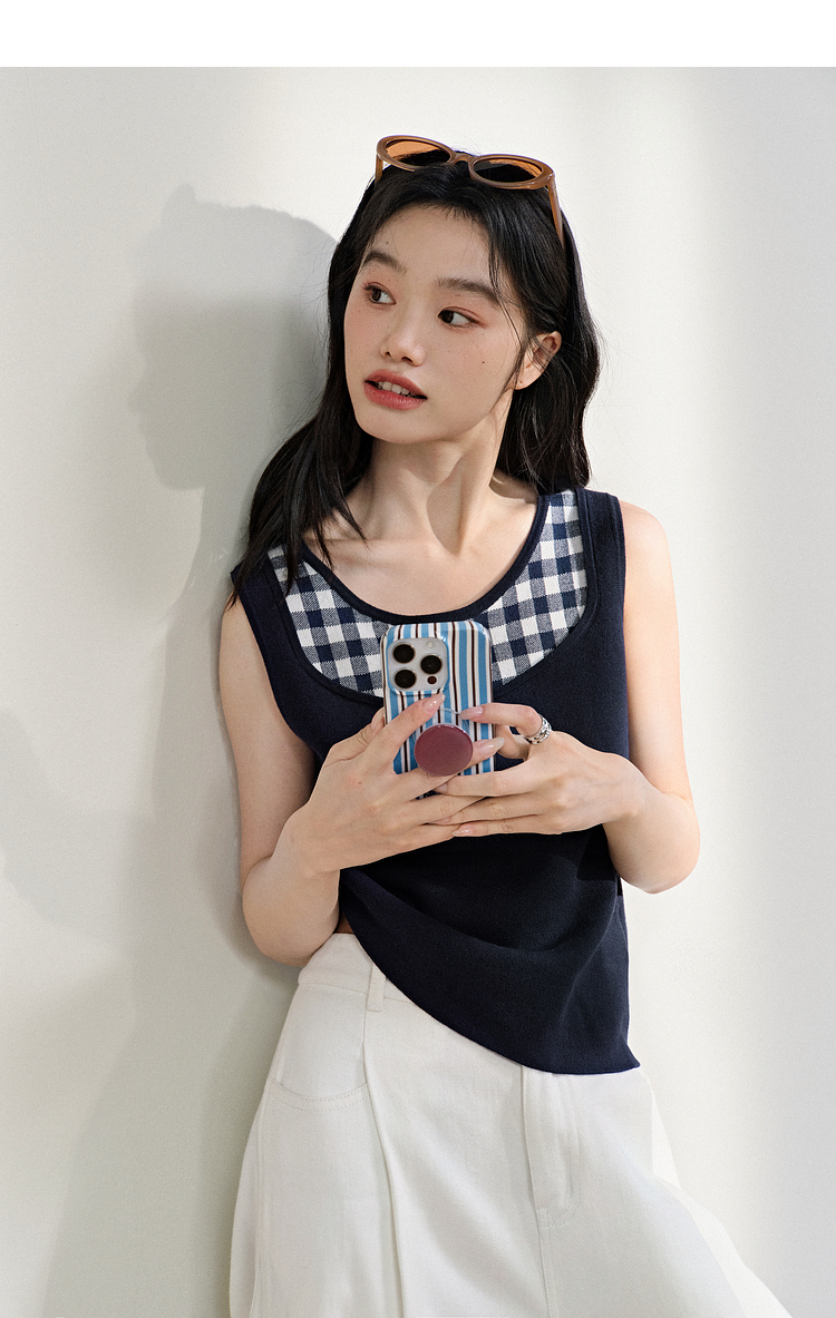 ベスト 格子柄レイヤード風ニットベスト