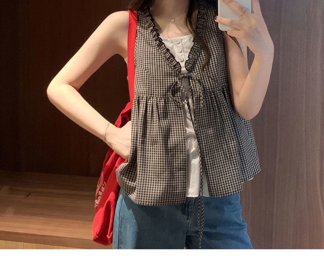 ベスト 格子柄フレアシルエットジレ