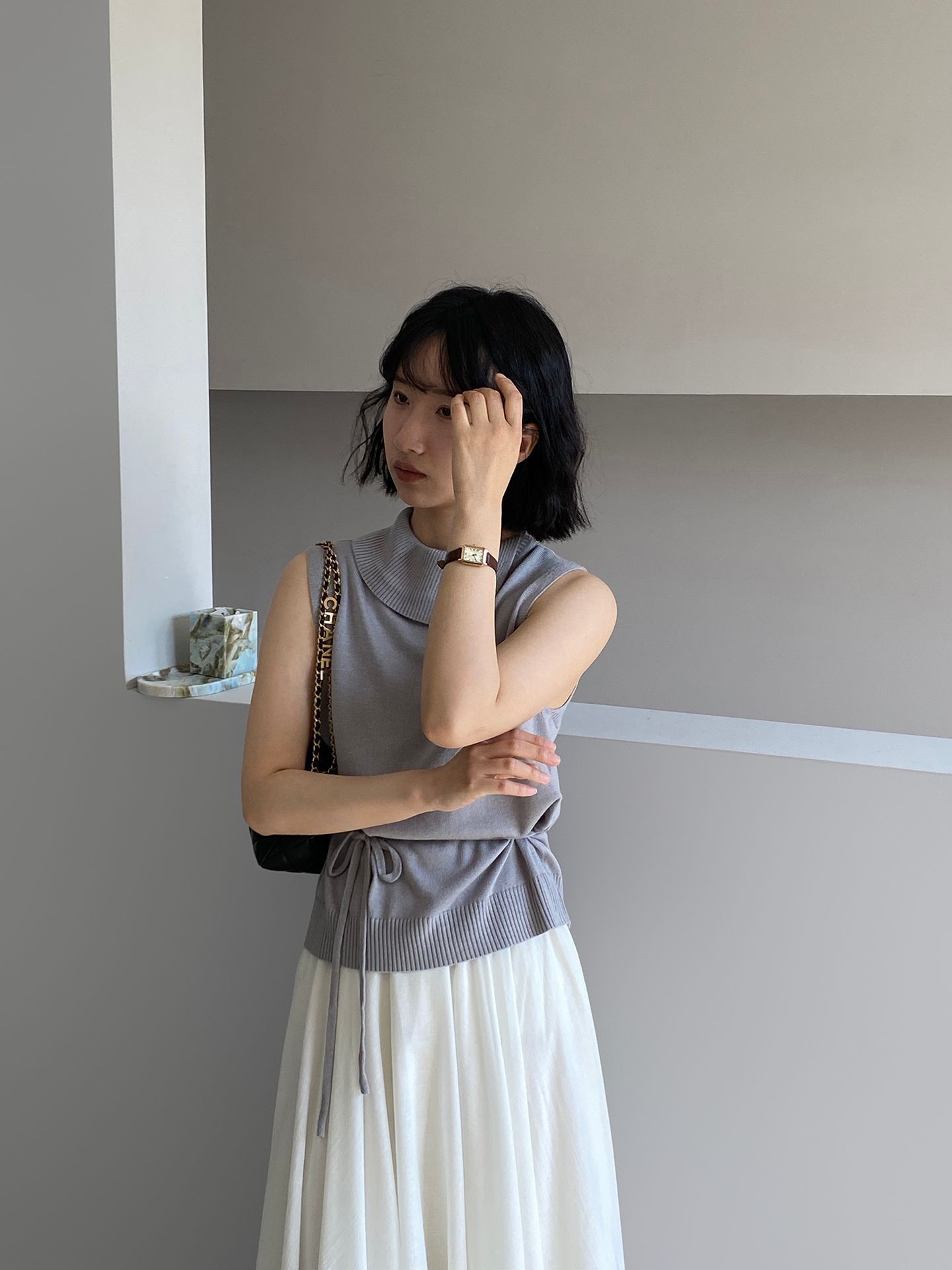 リブ襟付きドロストベスト