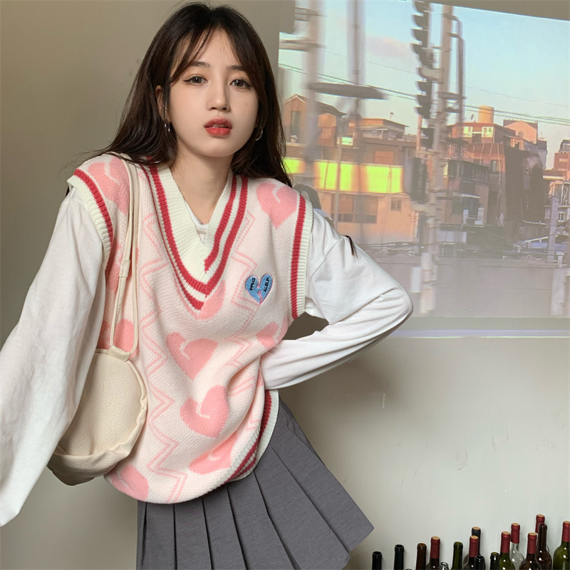 ピンクハート柄ブイネックニットベスト白シャツ付きセット