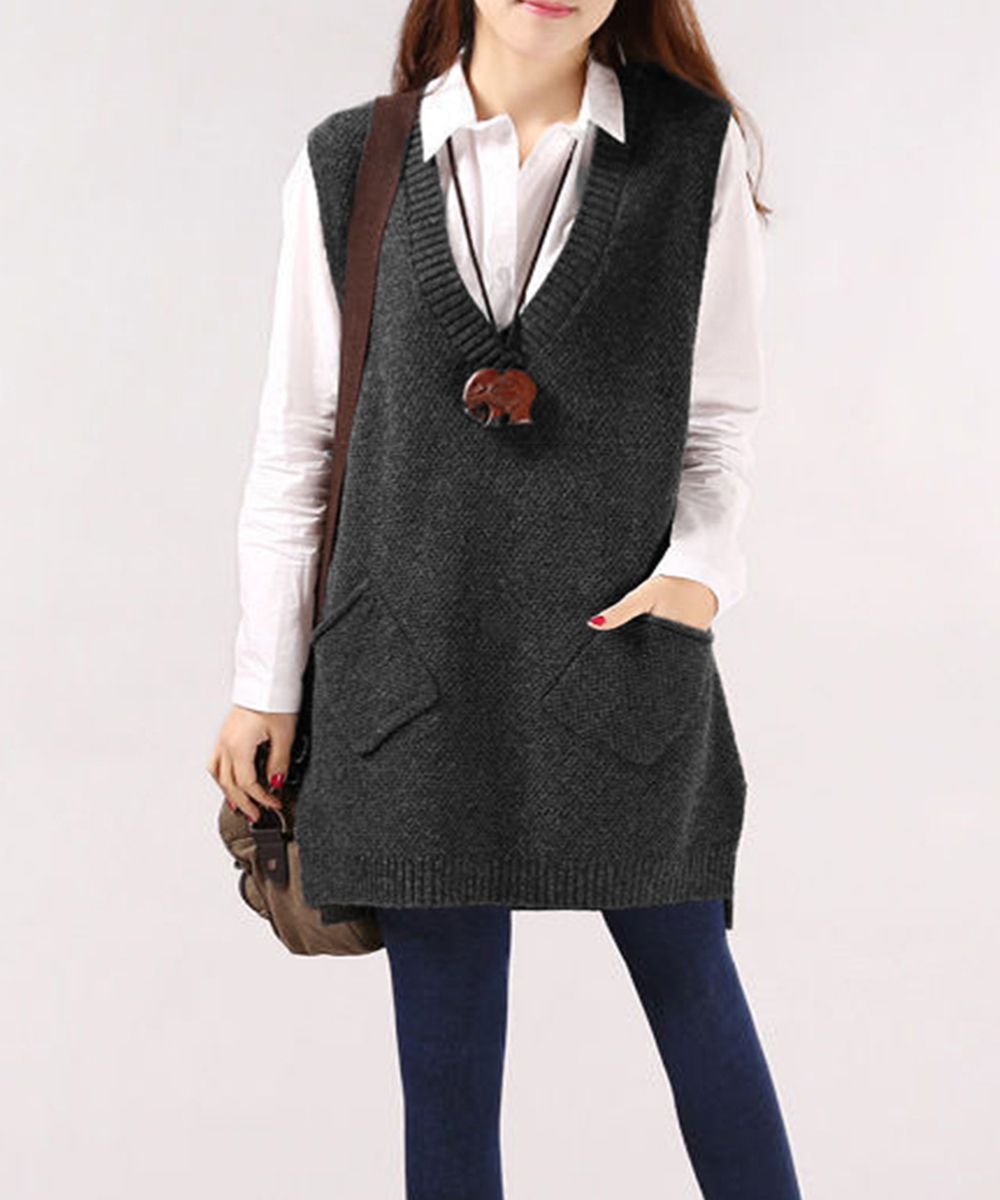 黒ニットベスト Vネック ロング丈 ポケット付き