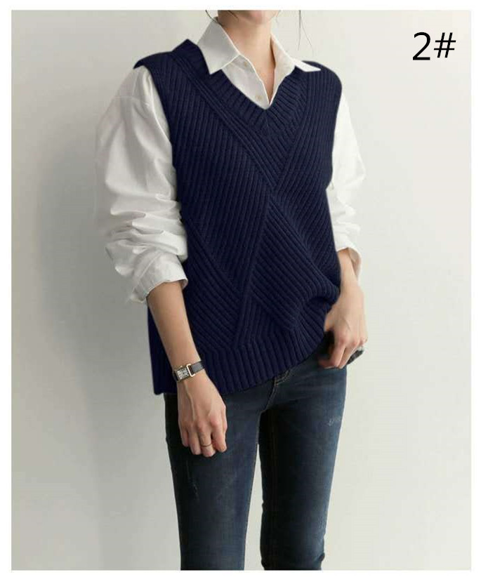 黒ニットベスト 体型カバー ブイネック 重ね着 女性用