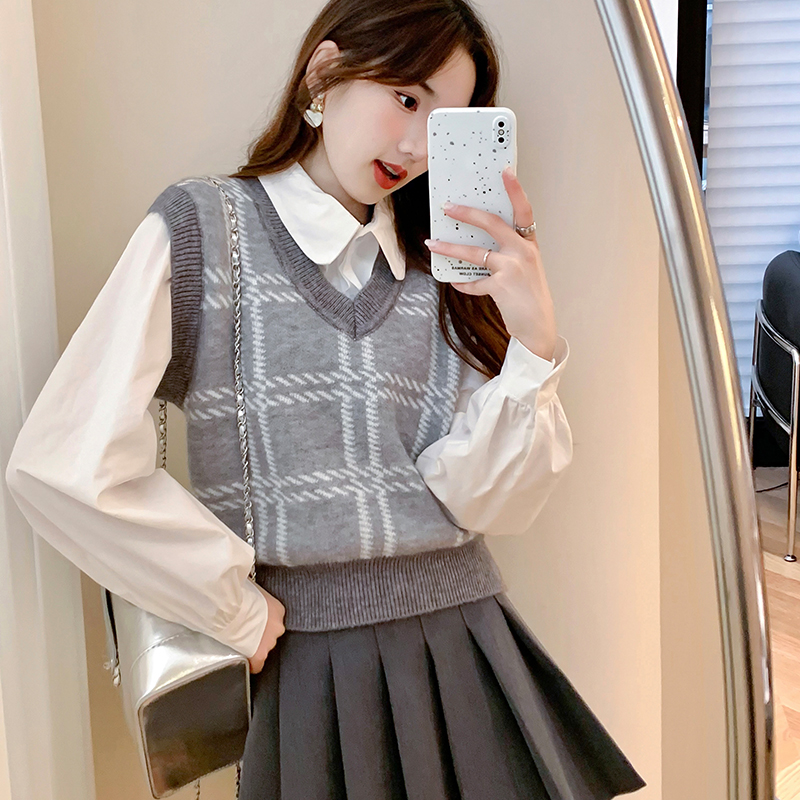 ニットベスト 格子柄ゆったりベスト