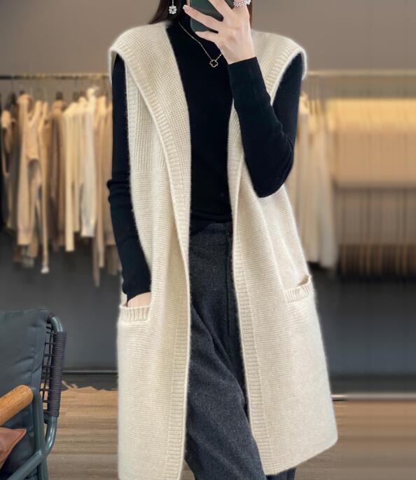 グレー レトロ風 冬物ニットベスト ロング丈