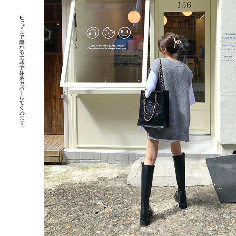 グレー ニットベスト レイヤード 重ね着 体型カバー