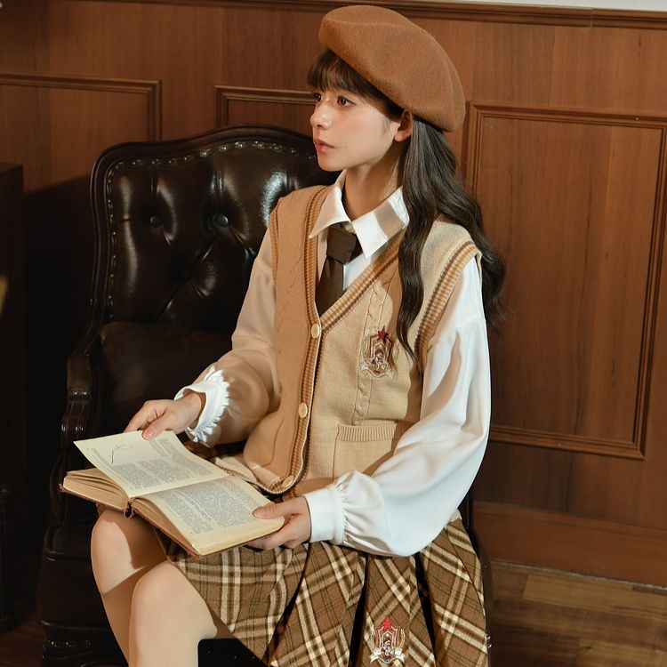 ニットベスト 学院風ケーブル編みベスト