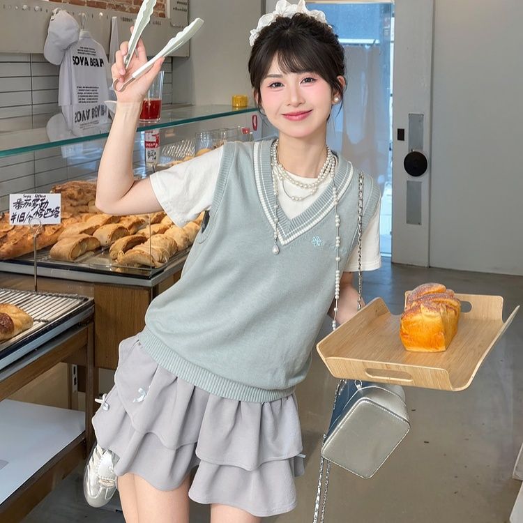 ニットベスト シンプル深Vネックベスト
