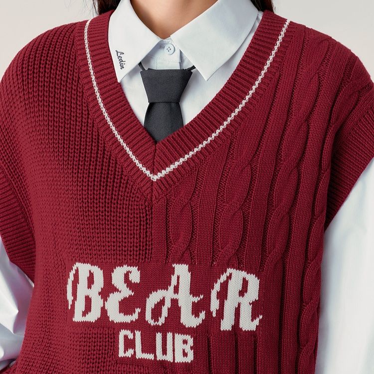 ニットベスト レトロ学院風ケーブル編みベスト