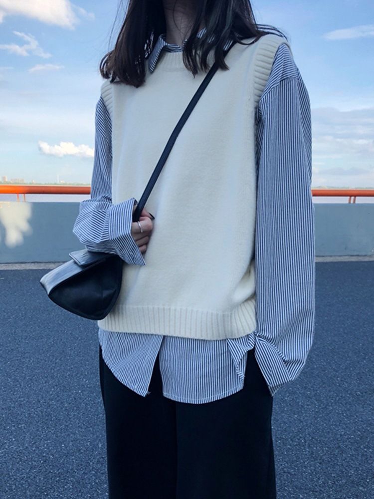 ニットベスト 丸首シンプルニットベスト