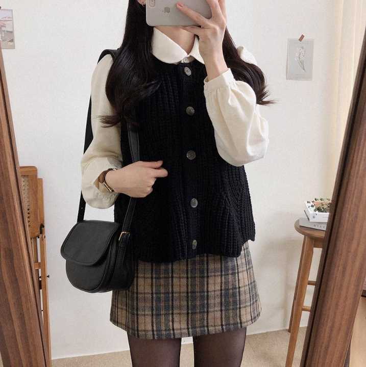 ニットベスト こだわり手編みリブ編みボタン付きベスト