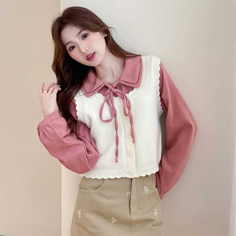 ニットベスト 優美リボンカラー重ね着風ニットベスト