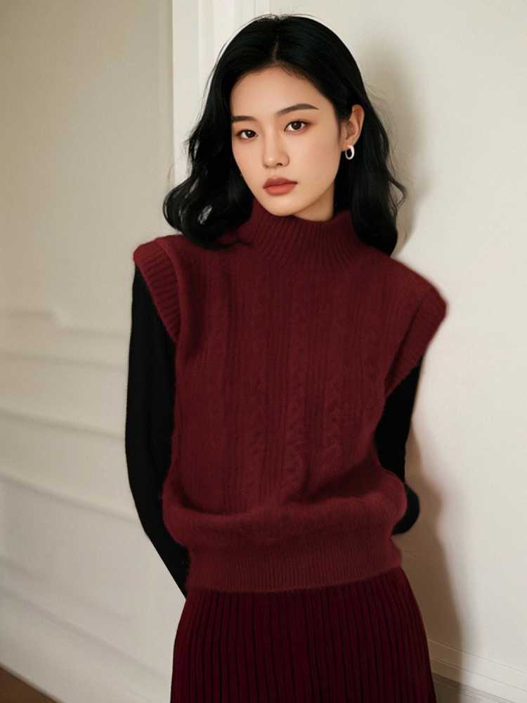 ニットベスト シンプル立ち襟ケーブル編みベスト