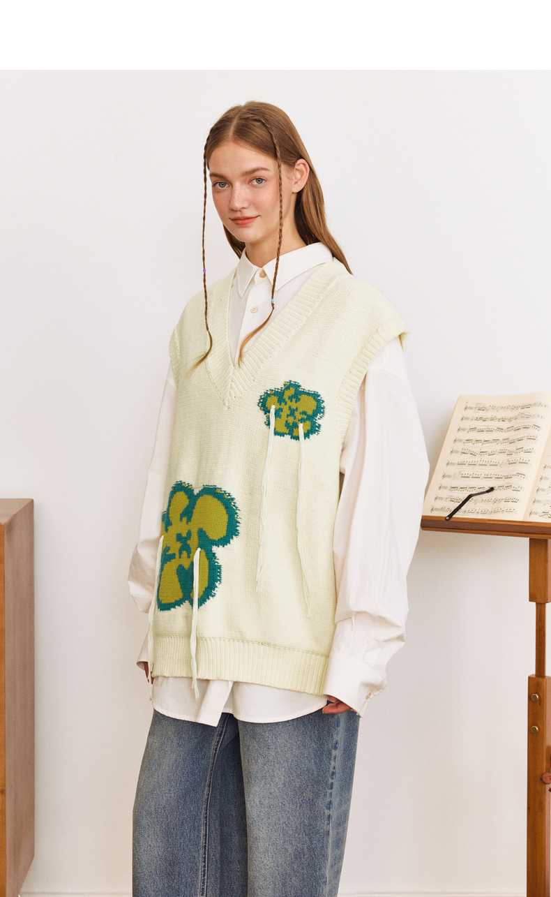 ニットベスト 花柄デザイン ゆったりニットベスト