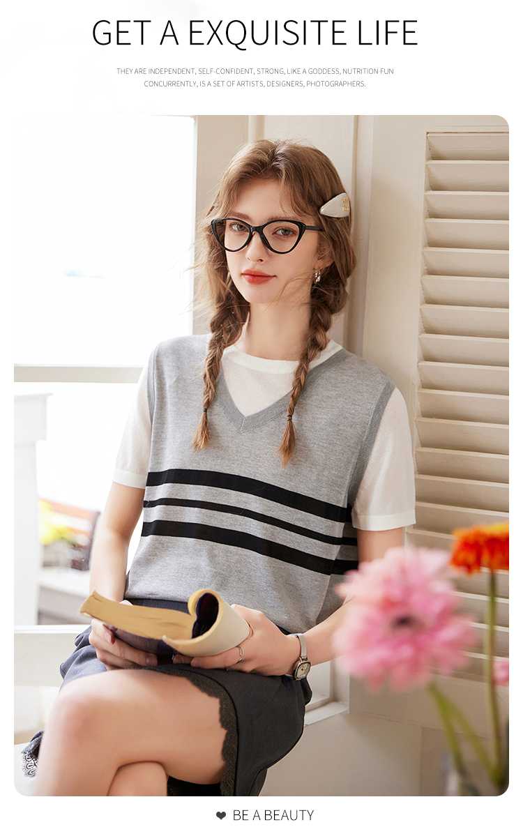 ニットベスト 細身ボーダーニットベスト風カットソー