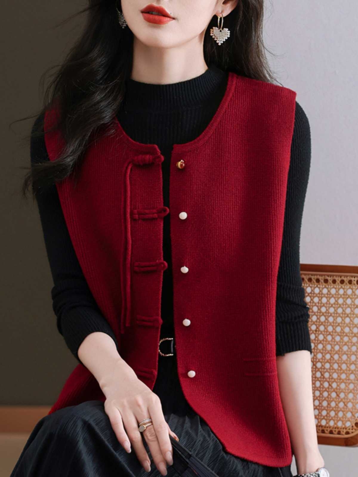 ニットベスト 華麗なチャイナ風ニットベスト