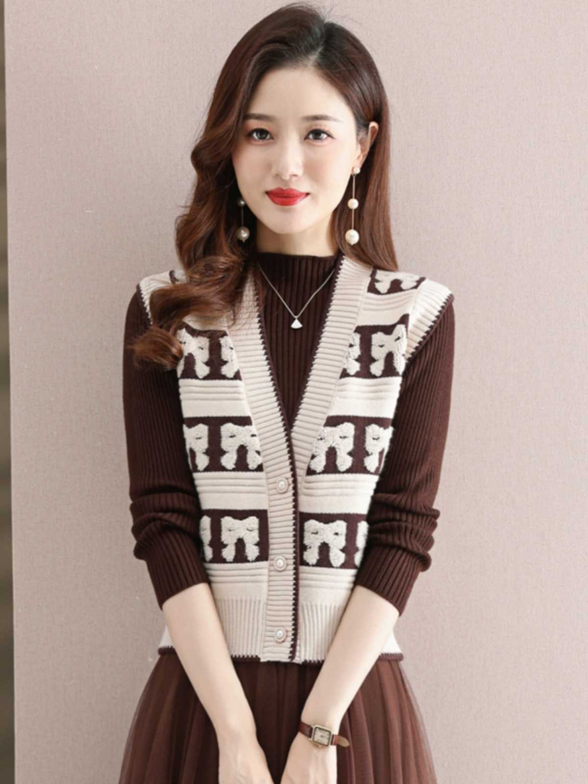 ニットベスト リボン模様バイカラーベスト