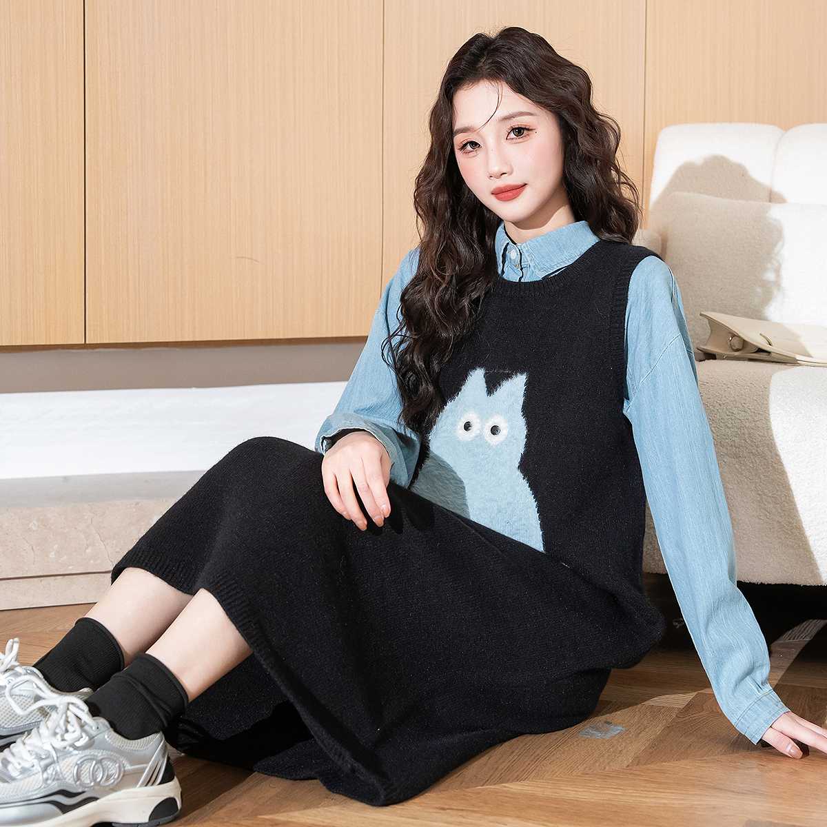 ニットベスト もこもこねこちゃんロングニットベスト