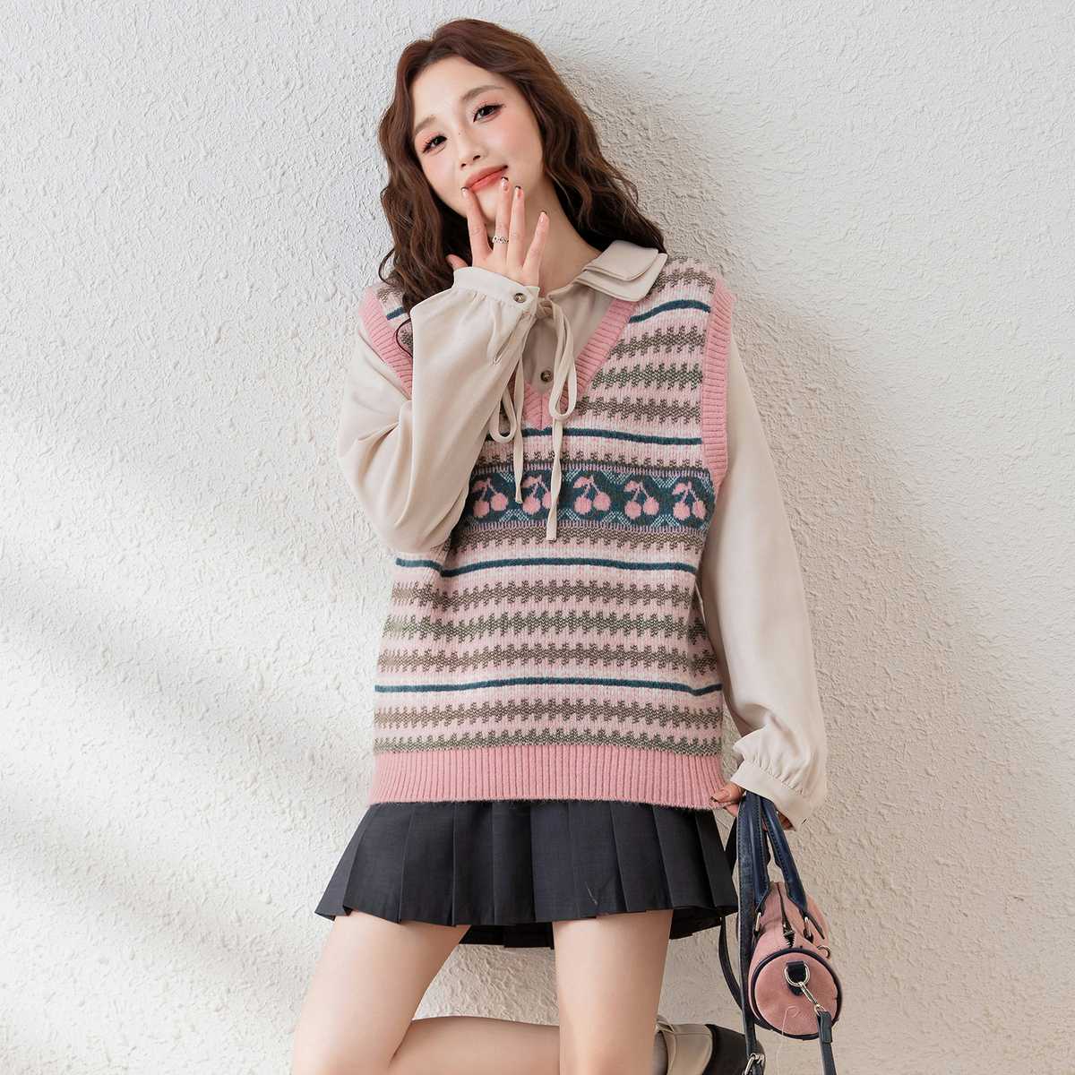 ニットベスト 花模様ノルディックニットベスト