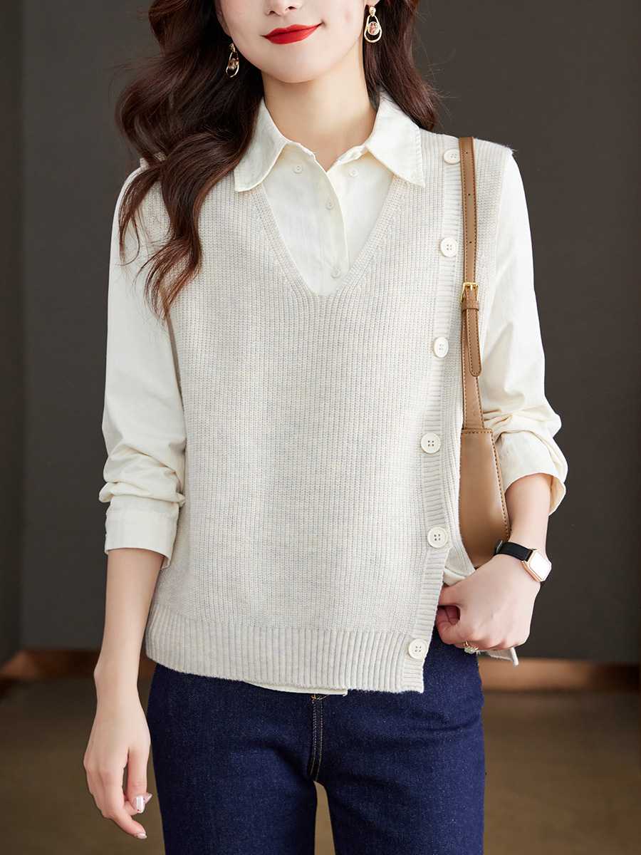 ニットベスト サイドボタン装飾リブ編みニットベスト