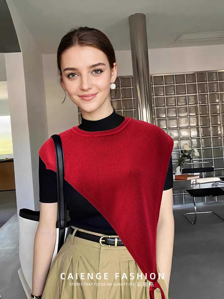 ニットベスト アシンメトリーリボンベスト