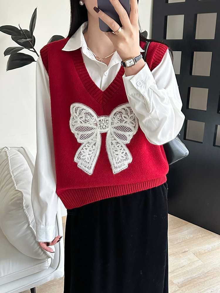 ニットベスト レース蝶結びニットベスト