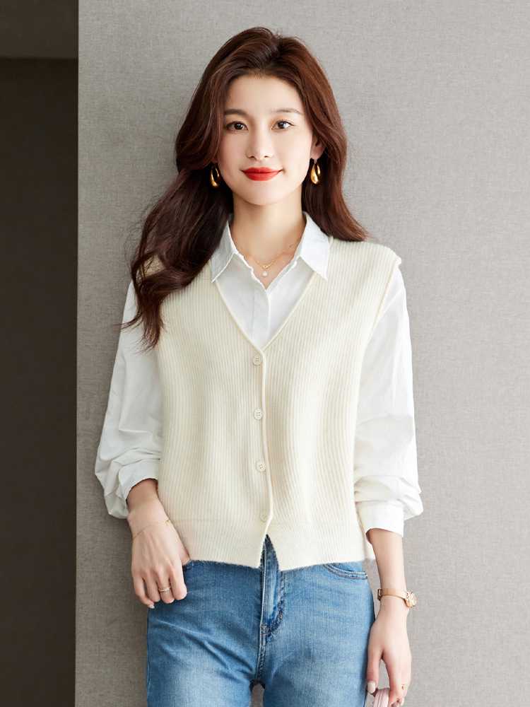 ニットベスト リブ編みシンプルレイヤード　ショート丈ニットベスト