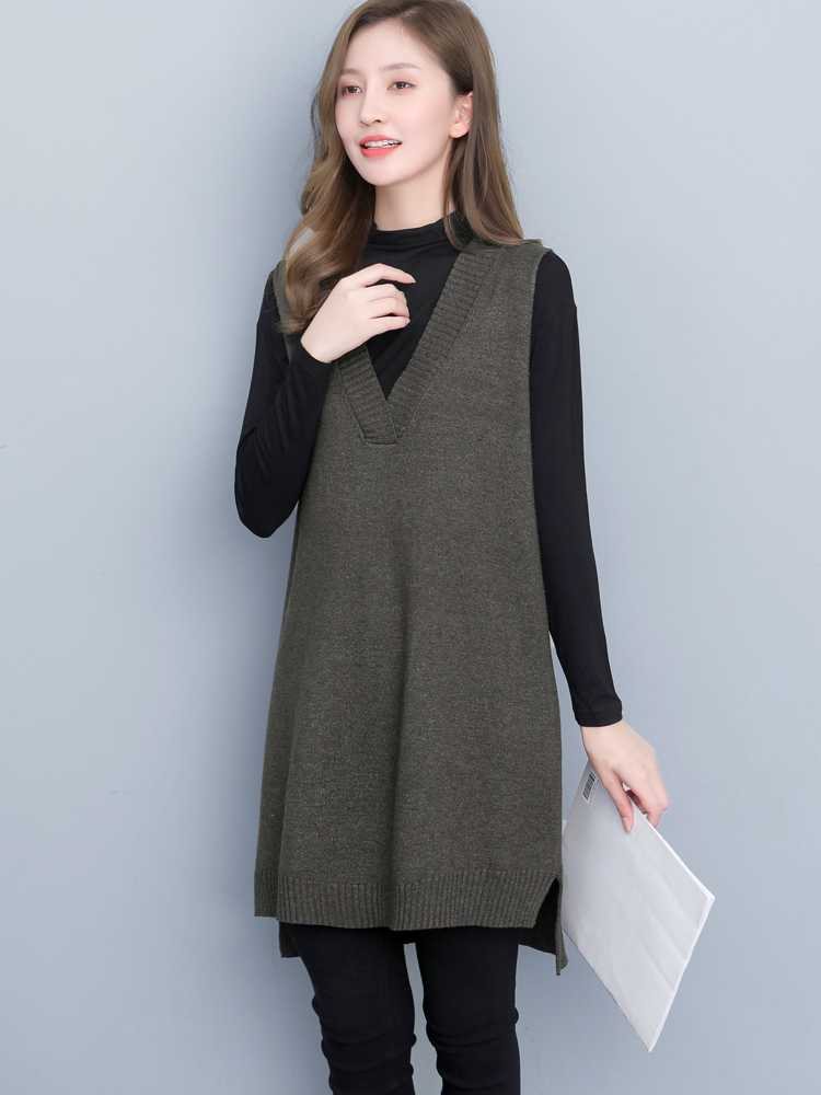 ニットベスト 深Vネックロング丈ニットベスト