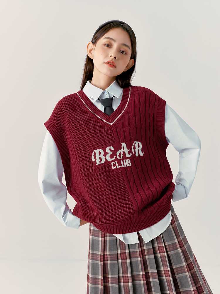 ニットベスト レトロ学院風ケーブル編みベスト