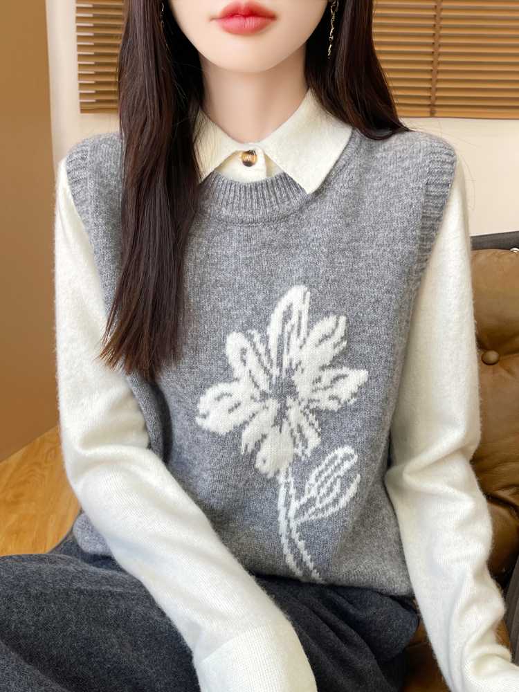 ニットベスト 花柄デザイン上質ベスト
