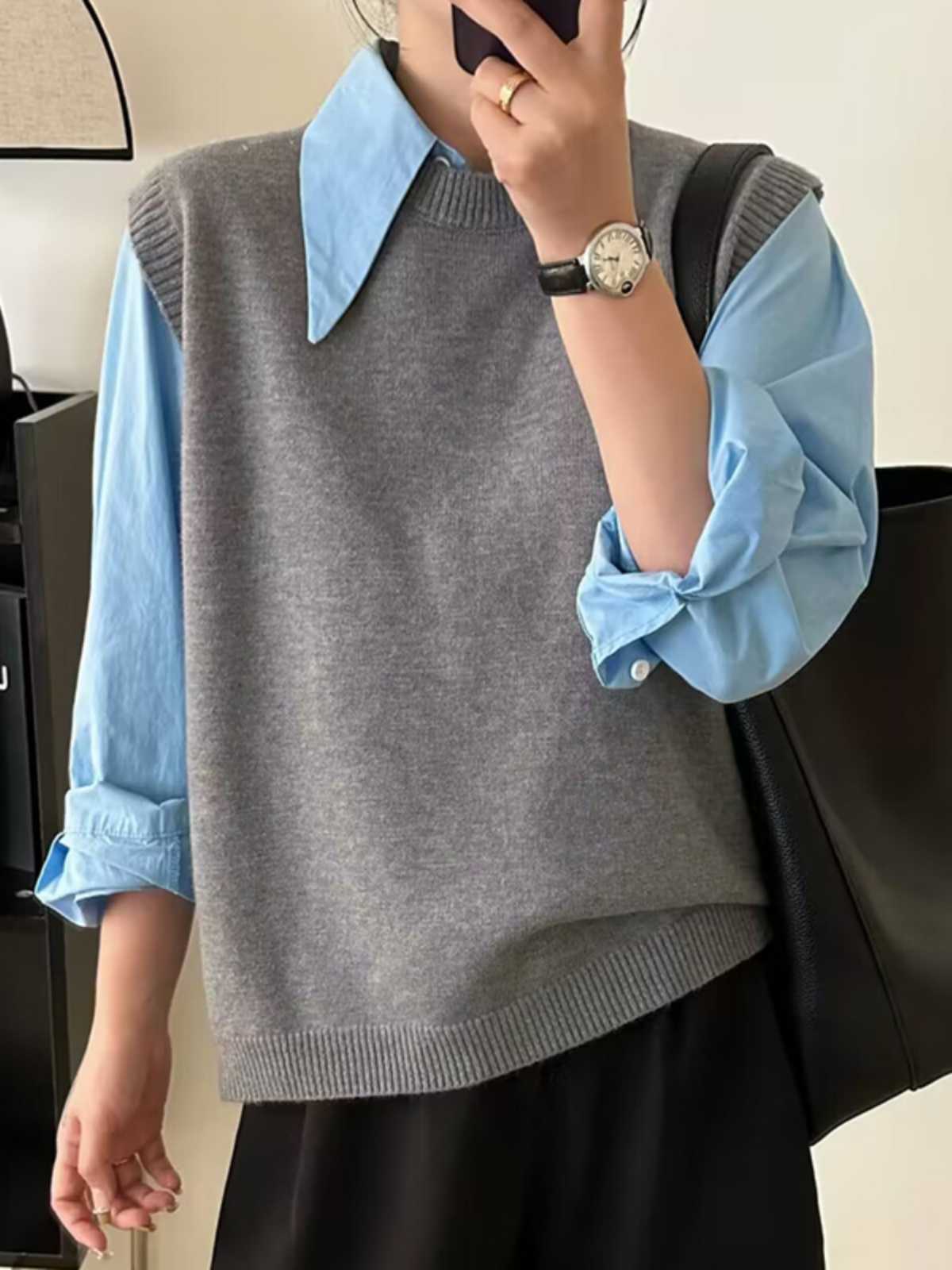 ニットベスト シンプル重ね着風ニットベスト