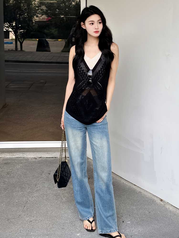 ニットベスト 幾何学模様のシースルーベスト