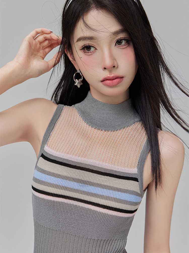 ニットベスト 透け感マルチボーダー　サマーニットベスト