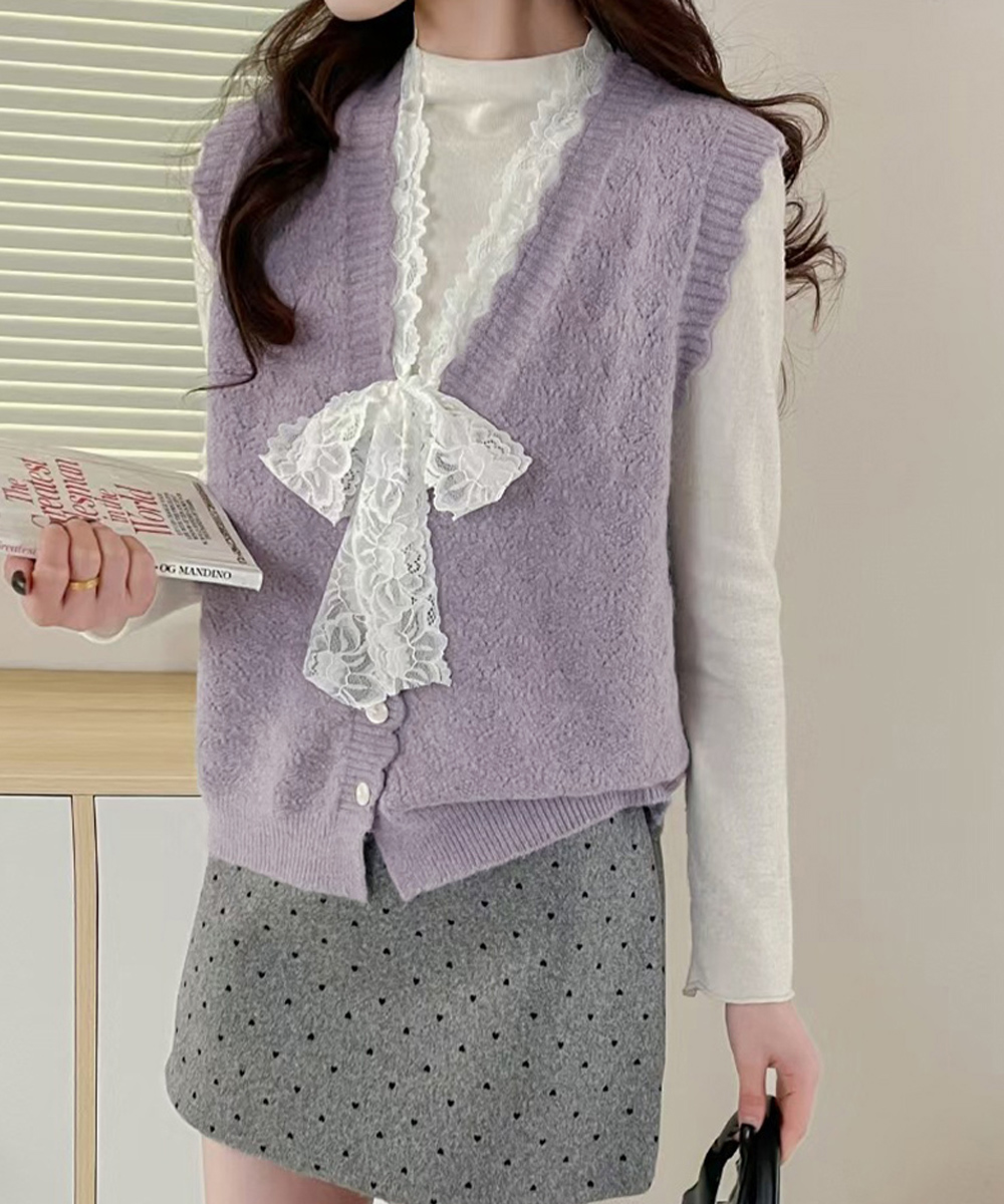グレーレースリボンニットベスト