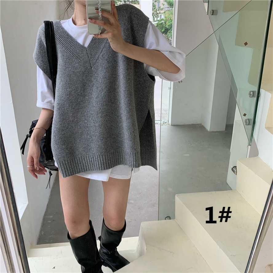 グレー ニットベスト レディース ブイネック ゆったり