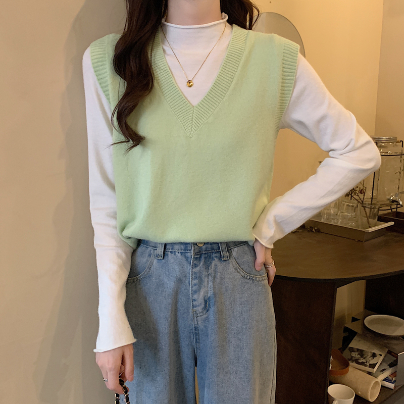 ニットベスト シンプル深Vネックベスト