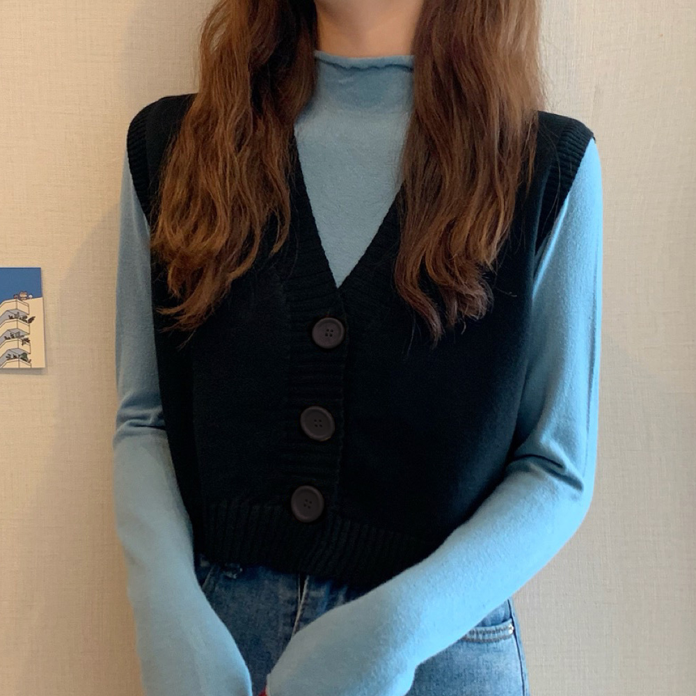 ベージュ 前開きVネックニットベスト