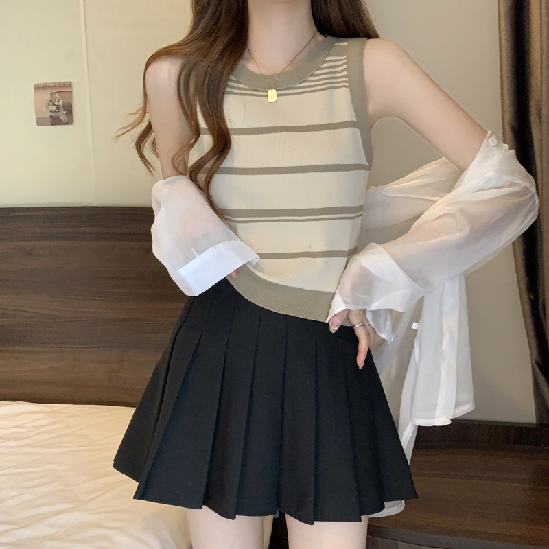  ニットベスト 優美ボーダーノースリーブサマーニットベスト