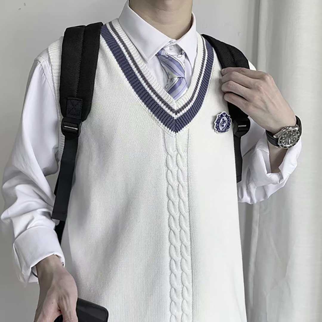 スクールニットベスト 白 ケーブル編み 綿100％ 男女兼用