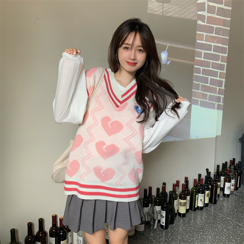 ピンクハート柄ブイネックニットベスト白シャツ付きセット