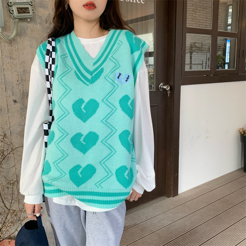 ピンクハート柄ブイネックニットベスト白シャツ付きセット