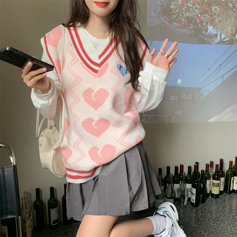 ピンクハート柄ブイネックニットベスト白シャツ付きセット