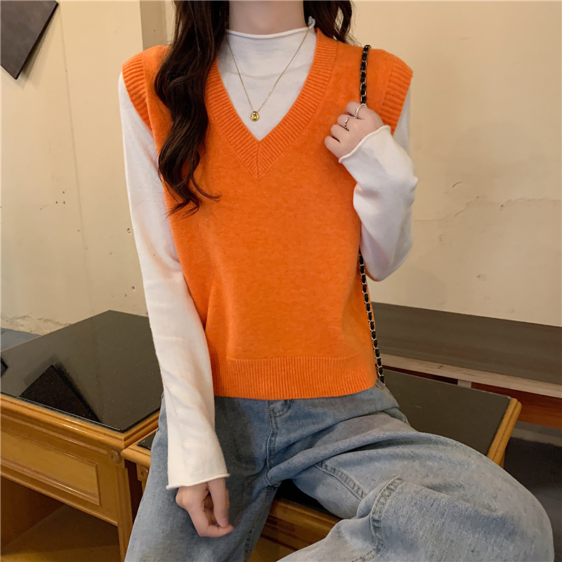 ニットベスト シンプル深Vネックベスト