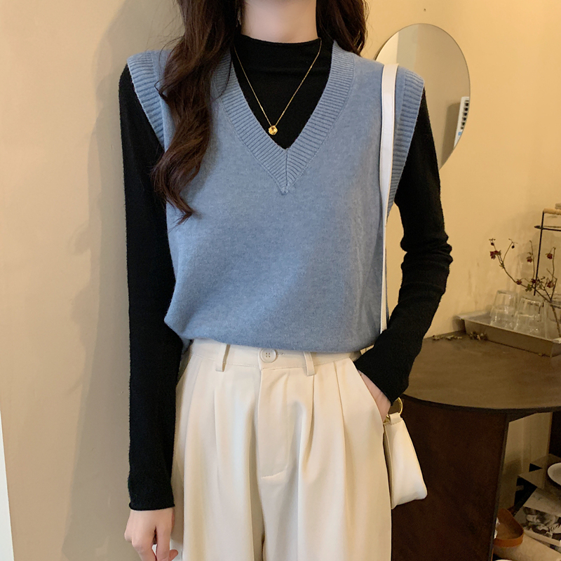 ニットベスト シンプル深Vネックベスト